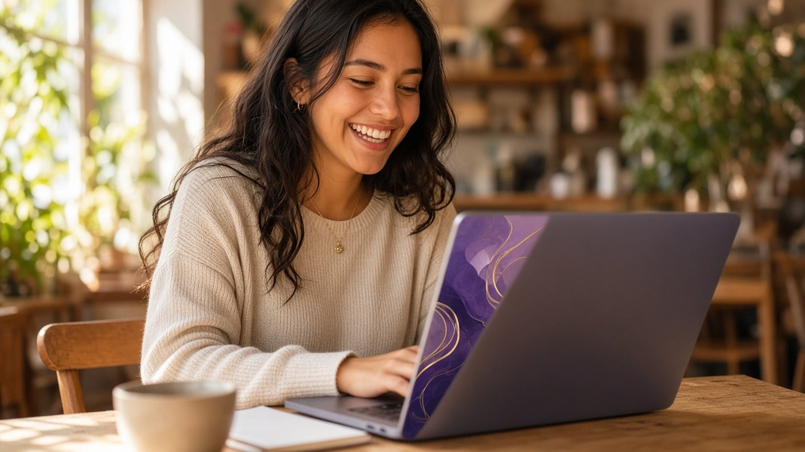 Joven sonriendo mientras trabaja en su laptop.