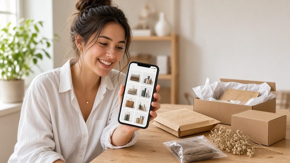 Emprendedora mostrando su catálogo digital en el celular junto a sus productos.