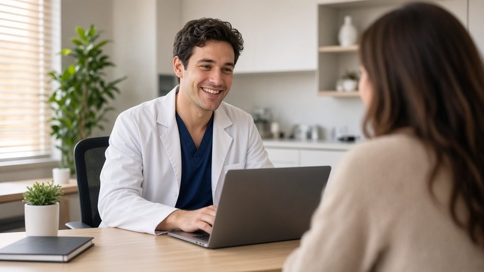 Especialista sonriendo en su consultorio frente a una laptop.