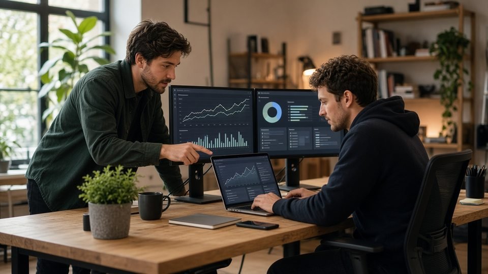 Dos desarrolladores revisando paneles y módulos en un estudio moderno.