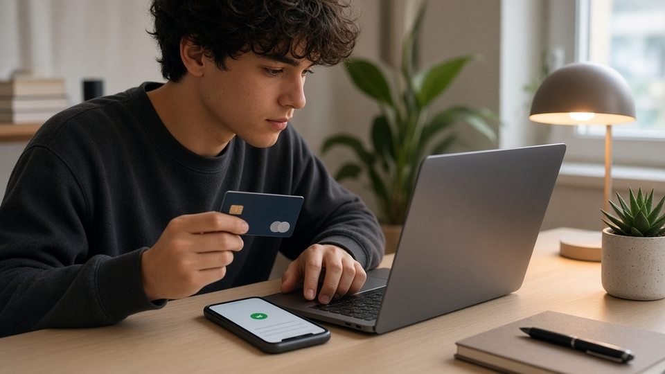Joven pagando con tarjeta un producto digital frente a su laptop.